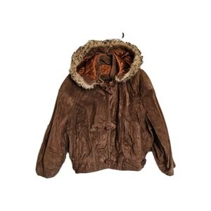 Womans Mcm‎ Vintage Suede Jacket  Toggle Snap Close Hooded Fur Trim Medium Tan